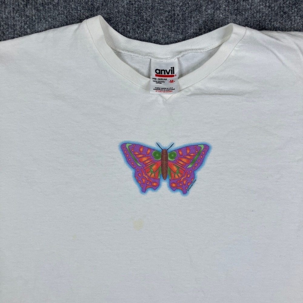 Anvil T-Shirt Womens M White Butterfly Colorful Graphic Short Sleeve Tee
